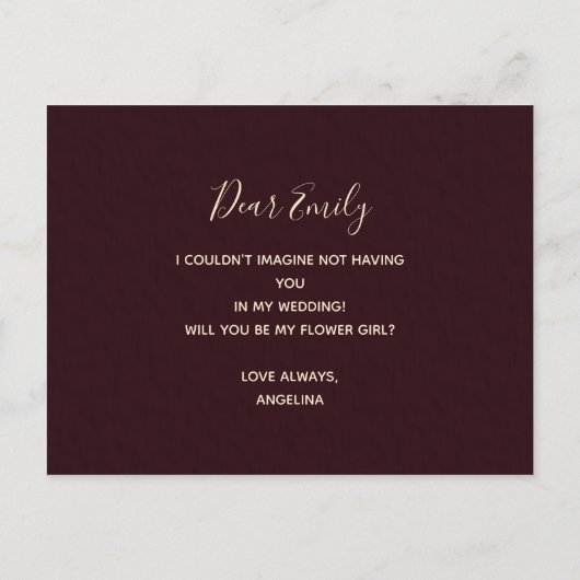 私のフラワーガールになってくれる？ バーガンディ フラワー 秋 インビテーションポストカード (裏面)