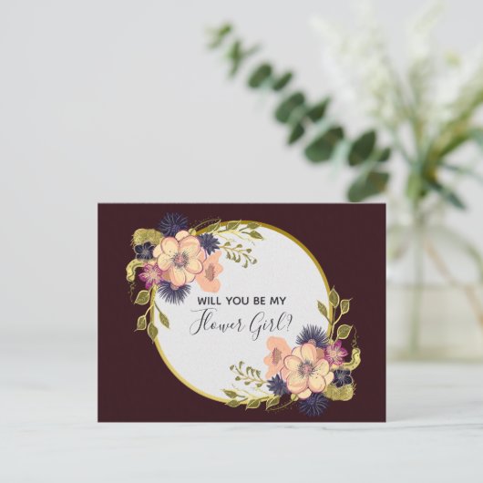 私のフラワーガールになってくれる? バーガンディ フラワー 秋 インビテーションポストカード (スタンド正面)