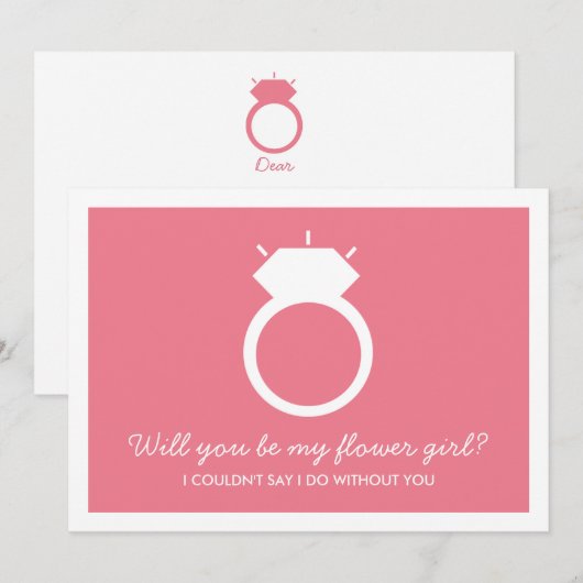 私のフラワーガールになってくれる？ ピンクリングカード 招待状 (正面/裏面)