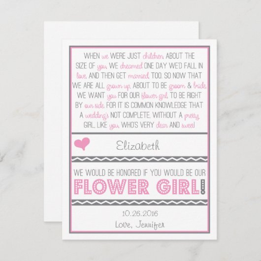 私のフラワーガールになってくれる? ピンク/グレー ポエムカード 招待状 (正面/裏面)