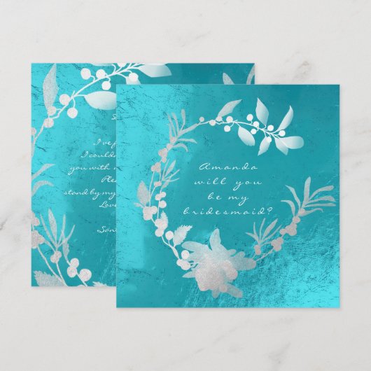 私のブライズメイドになってくれますか？ シルバー ターコイズの花輪 招待状 (正面/裏面)