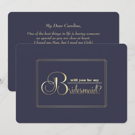私のブライズメイドになってくれますか？ ネイビーブルー ゴールド 招待状 (正面/裏面)