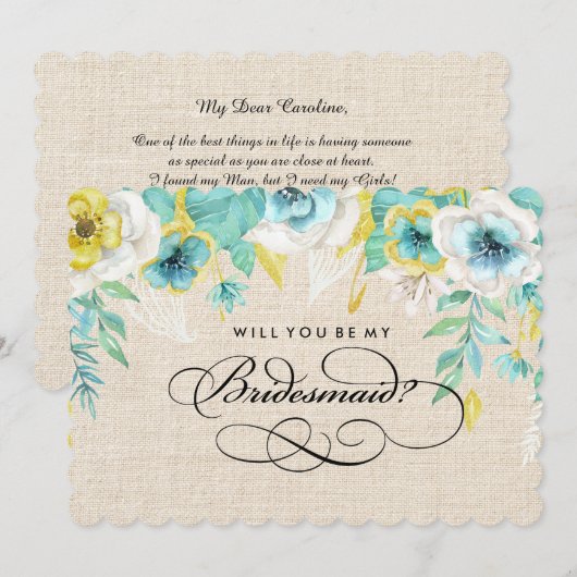私のブライズメイドになってくれますか？ 水彩花イラスト 招待状 (正面/裏面)