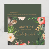 私のブライズメイドになってくれる？ 緑と金の花輪 インビテーションポストカード (正面/裏面)