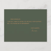 私のブライズメイドになってくれる？ 緑と金の花輪 インビテーションポストカード (裏面)
