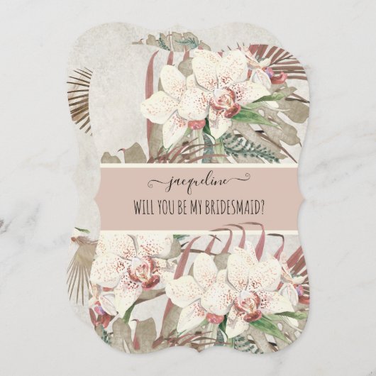 私のブライズメイドになって エレガントなトロピカル オーキッド フラワーデザイン 招待状 (正面/裏面)