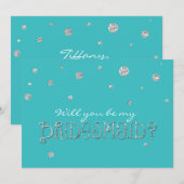 私のブライズメイドになって！ターコイズシルバーグリッターカード 招待状 (正面/裏面)