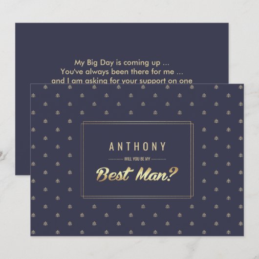 私のベストマンになってくれますか? ネイビーブルー ゴールド ウェディング 招待状 (正面/裏面)