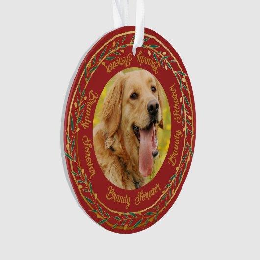 私のペットの写真 ゴールド ベリー リース 深紅のクリスマス オーナメント (正面)