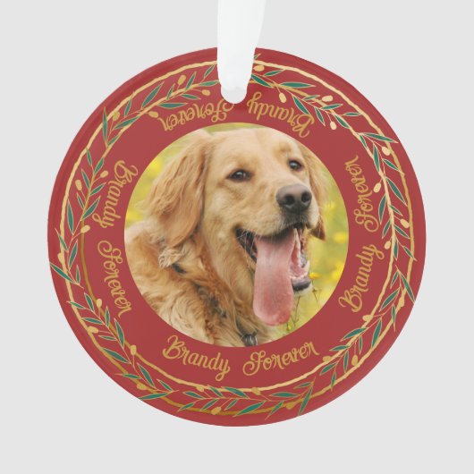 私のペットの写真 ゴールド ベリー リース 深紅のクリスマス オーナメント (正面)