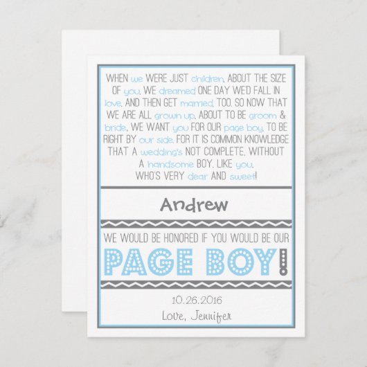 私のページボーイになってくれる? ベビーブルー/グレー ポエムカード 招待状 (正面/裏面)