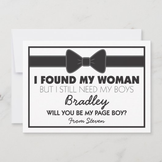 私のページボーイになってくれる？ 黒/白の蝶ネクタイ 招待状 (正面)