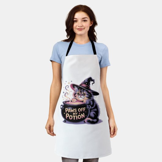 私のポーションをオフにポーズハロウィーンかわいいキャットクラ エプロン (着用した状態)