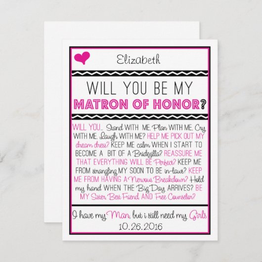 私のマトロン・オブ・オナーになってくれますか? ピンク/ブラック コラージュ 招待状 (正面/裏面)