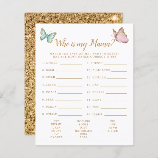 私のママ赤ちゃんシャワーゲームである蝶 (正面/裏面)