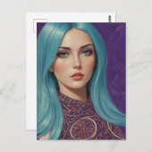 私のミックスメディアコラージュのブルーヘアAIアート ポストカード (正面/裏面)