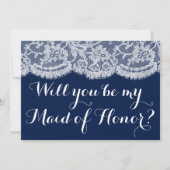 私のメイド・オブ・オナーになってくれる？ ネイビーブルー＆レース 招待状 (正面)