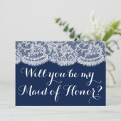 私のメイド・オブ・オナーになってくれる？ ネイビーブルー＆レース 招待状 (スタンド正面)