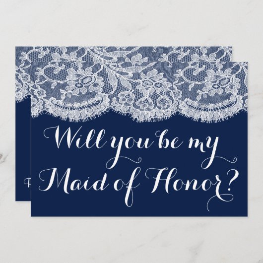 私のメイド・オブ・オナーになってくれる？ ネイビーブルー＆レース 招待状 (正面/裏面)