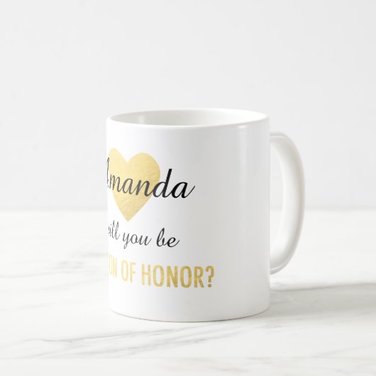 私のメイド・オブ・オーナー（花嫁付き添い人）の金ゴールドのハートのマグです コーヒーマグカップ (正面右)