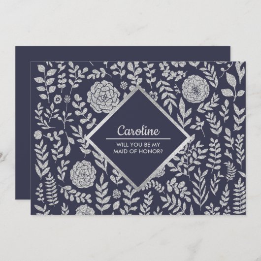 私のメイド・オブ・オーナー（花嫁付き添い人）?ネイビーブルーシルバー 招待状 (正面/裏面)