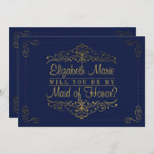 私のメイド・オブ・オーナー（花嫁付き添い人）?ネイビ華美ーと金ゴールド 招待状 (正面/裏面)