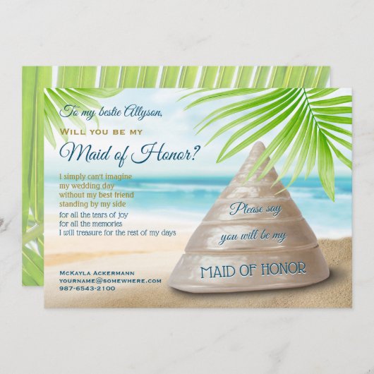 私のメイド・オブ・オーナー(花嫁付き添い人)ビーチ結婚式シェルか 招待状 (正面/裏面)