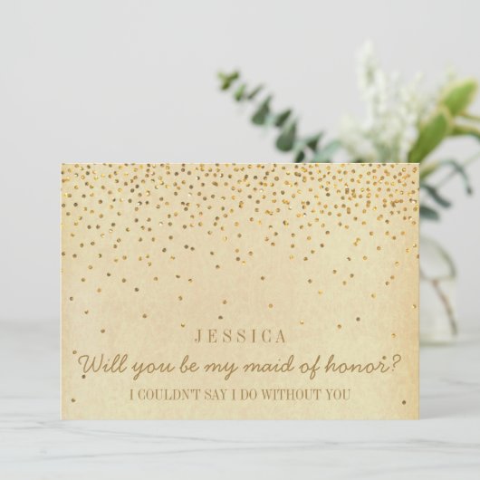私のメイド・オブ・オーナー(花嫁付き添い人)ヴィンテージ金ゴールド紙吹雪 招待状 (スタンド正面)