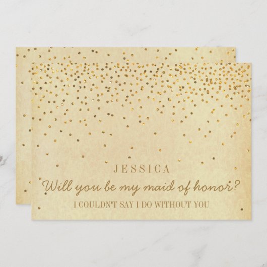 私のメイド・オブ・オーナー(花嫁付き添い人)ヴィンテージ金ゴールド紙吹雪 招待状 (正面/裏面)
