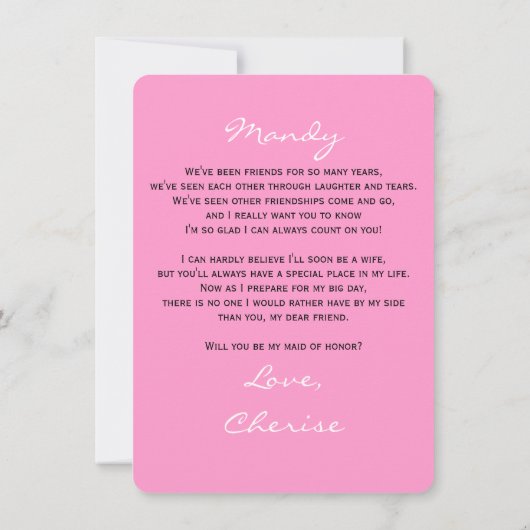 私のメイド・オブ・オーナー(花嫁付き添い人)詩をピンクに 招待状 (裏面)