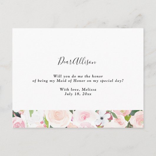 私のメイド・オブ・オーナー(花嫁付き添い人)赤面ピンクフローラ インビテーションポストカード (裏面)