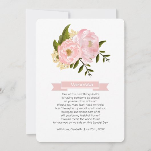私のメイド・オブ・オーナー(花嫁付き添い人)?赤面ピンクペオニー 招待状 (正面)