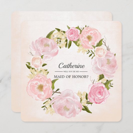私のメイド・オブ・オーナー（花嫁付き添い人）?赤面ピンクペオニー 招待状 (正面/裏面)