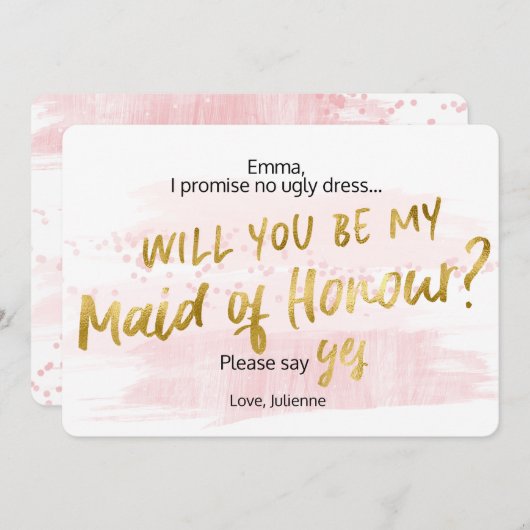 私のメイド・オブ・オーナー（花嫁付き添い人）赤面金ゴールド水色 招待状 (正面/裏面)