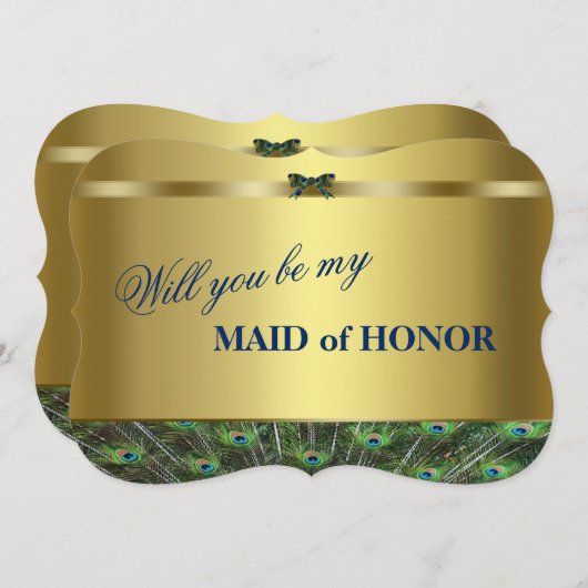 私のメイド・オブ・オーナー（花嫁付き添い人）?金ゴールドカスタムピーコック 招待状 (正面/裏面)