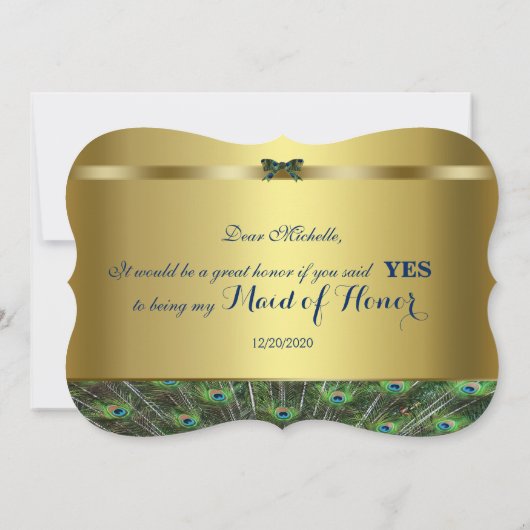 私のメイド・オブ・オーナー（花嫁付き添い人）?金ゴールドカスタムピーコック 招待状 (裏面)