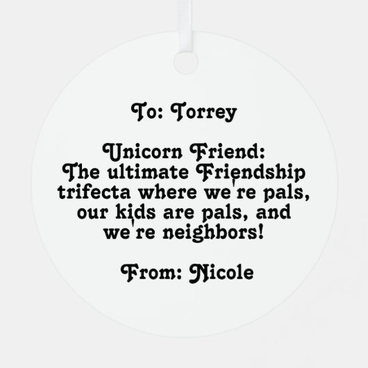 私のユニコーンの友人のために メタルオーナメント (裏面)
