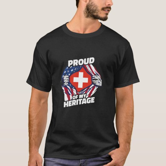 私のルーツを誇りに思う - 愛国的なスイス系アメリカ人のフラグ Tシャツ (正面)