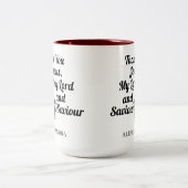 私の主と救い主のイエス・ハンズに感謝 ツートーンマグカップ (中央)