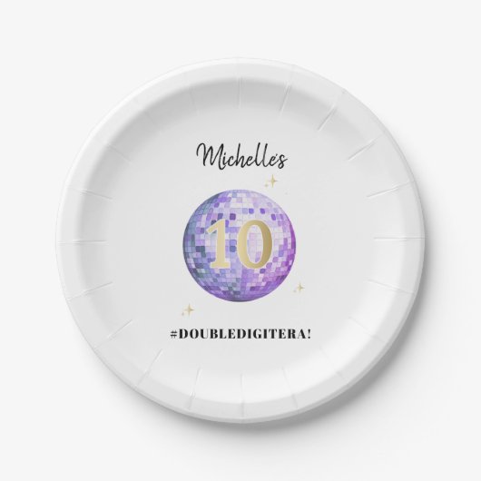 私の二桁の時代10誕生日の紫のディスコ ペーパープレート (正面)