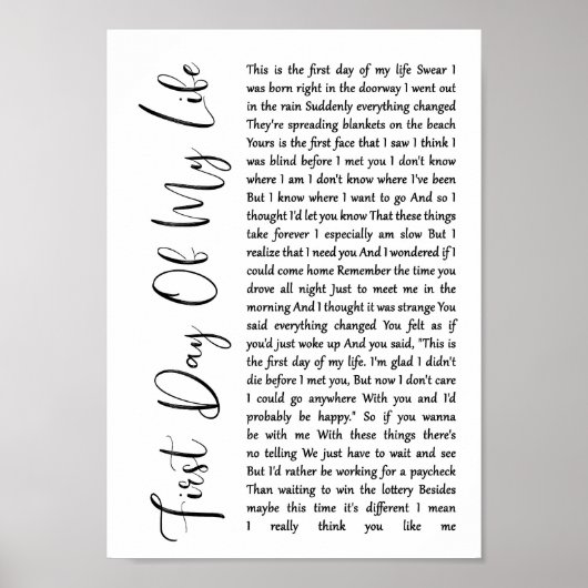私の人生の最初の日ホワイトスクリプトソング歌詞プリント ポスター (正面)