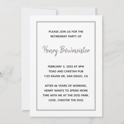 私の人間は引退している犬の写真の退職パーティー 招待状 (裏面)
