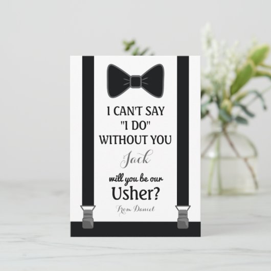 私の介添人を務めてくれませんか - 黒のタキシード、ネクタイ、サスペンダーのカード 招待状 (スタンド正面)