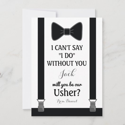 私の介添人を務めてくれませんか - 黒のタキシード、ネクタイ、サスペンダーのカード 招待状 (正面)