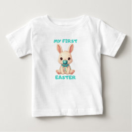 私の初めてのイースター - おしゃぶりをくわえたかわいい赤ちゃんうさぎ ベビーTシャツ