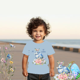 私の初めてのイースター フローラル リース ブルーラビット ピンク ブルーム トドラーTシャツ
