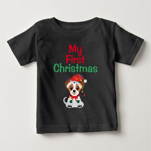 私の初めてのクリスマスかわいいジャック・ラッセル・ドッグ ベビーTシャツ (正面)