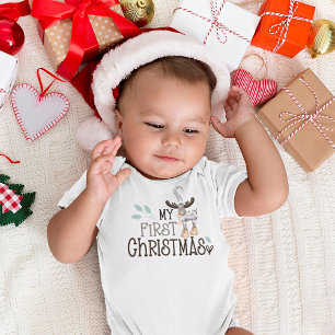 私の初めてのクリスマスかわいいトナカイのスクリプトベビー ベビーボディスーツ