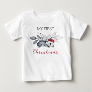 私の初めてのクリスマスかわいいペンギンモダンボタニカル ベビーTシャツ