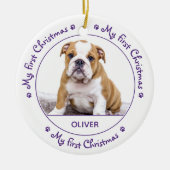 私の初めてのクリスマスかわいい犬の紫の子犬ペットの写真 セラミックオーナメント (正面)